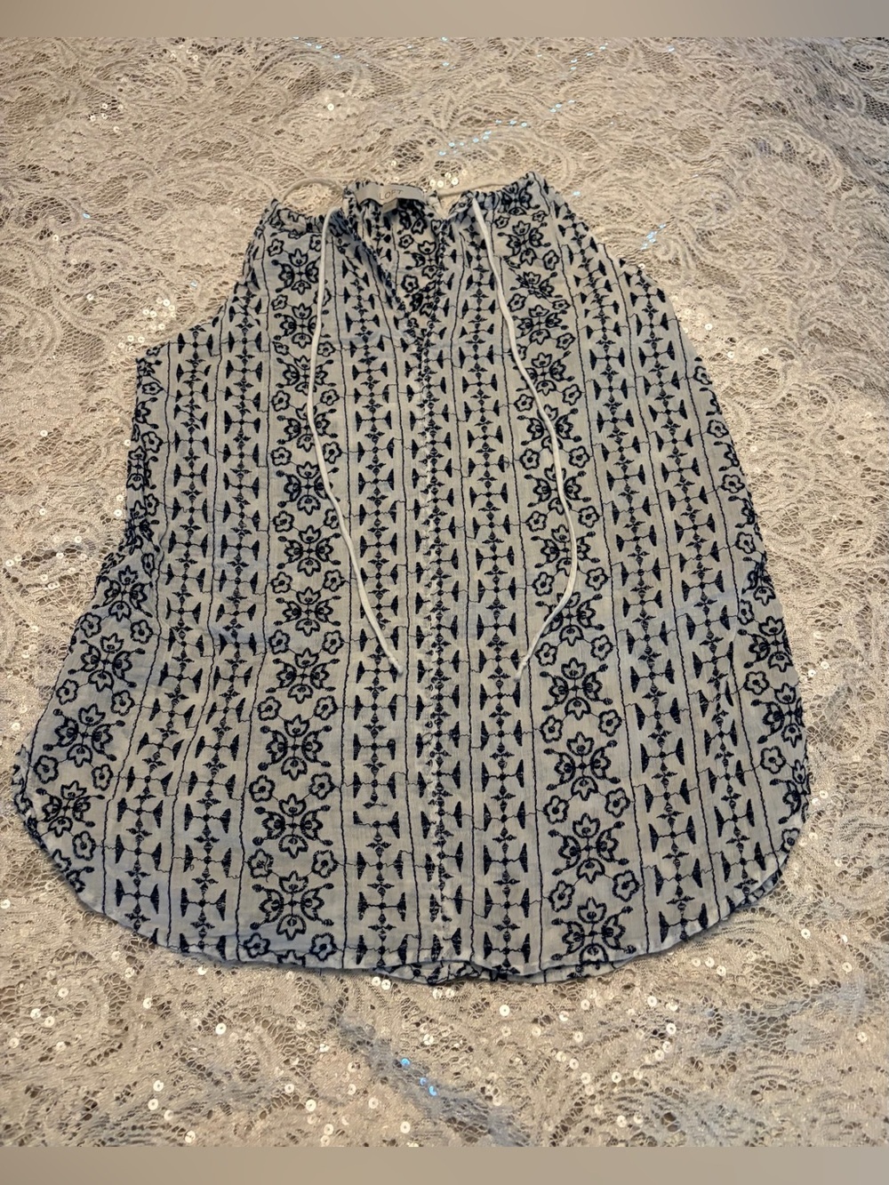 LOFT/Per-loved Navy and White Floral Stripe Tie-Neck Sleeveless Top Size XS